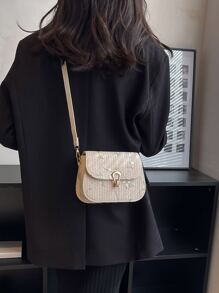 Floral Embroidery Straw Saddle Bag, Mini Woven Crossbody Bag, Women's Buckle Decor Flap Purse (7.67 X 5.51 X 2.95) Inch - Beige - View 4
