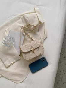 Floral Embroidery Straw Saddle Bag, Mini Woven Crossbody Bag, Women's Buckle Decor Flap Purse (7.67 X 5.51 X 2.95) Inch - Beige - View 5