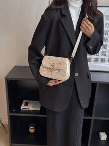 Floral Embroidery Straw Saddle Bag, Mini Woven Crossbody Bag, Women's Buckle Decor Flap Purse (7.67 X 5.51 X 2.95) Inch - Beige - View 6