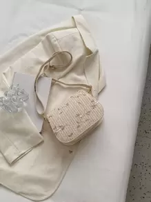 Floral Embroidery Straw Saddle Bag, Mini Woven Crossbody Bag, Women's Buckle Decor Flap Purse (7.67 X 5.51 X 2.95) Inch - Beige - View 7