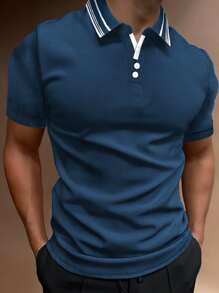 Manfinity Homme Áo thun có cổ Nam Nút Sọc Giải trí - Màu xanh hải quân - Xem 1