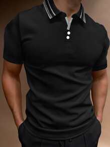 Manfinity Homme Men Contrast Striped Collar Polo Shirt - Black - View 1