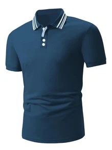 Manfinity Homme Áo thun có cổ Nam Nút Sọc Giải trí - Màu xanh hải quân - Xem 3