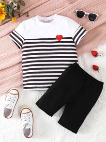 SHEIN 小女童愛心刺繡條紋圖案T恤和短褲