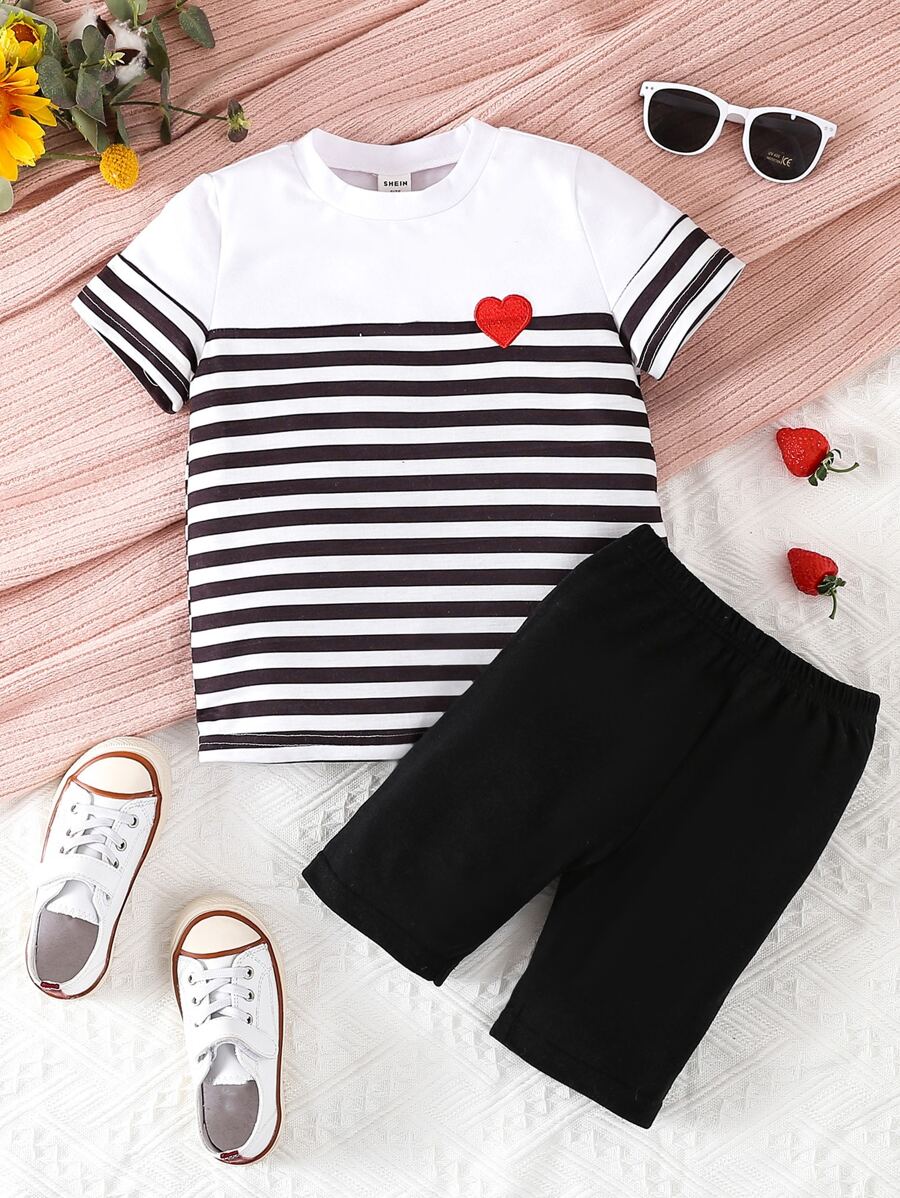 SHEIN 小女童愛心刺繡條紋圖案T恤和短褲