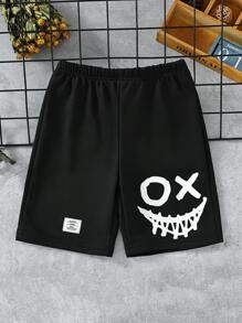 Boys Cartoon Graphic Letter Patched Shorts - Black - View 1