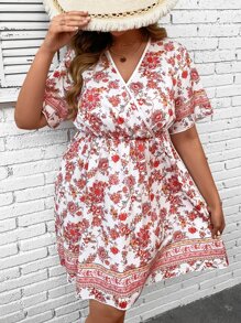 SHEIN LUNE Plus Floral Print Butterfly Sleeve Overlap Collar Dress - Multicolor - View 2