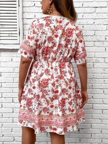 SHEIN LUNE Plus Floral Print Butterfly Sleeve Overlap Collar Dress - Multicolor - View 3