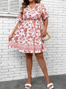 SHEIN LUNE Plus Floral Print Butterfly Sleeve Overlap Collar Dress - Multicolor - View 4