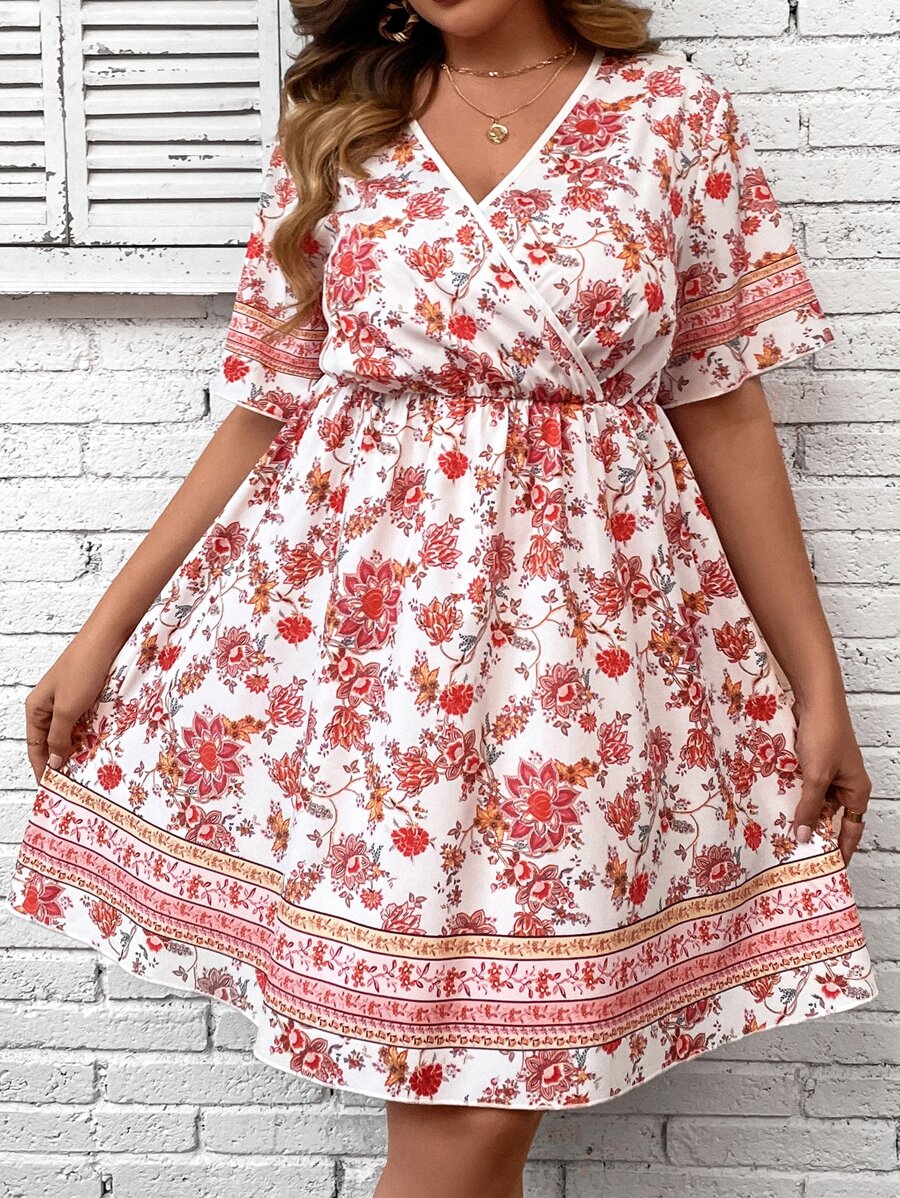 SHEIN LUNE Plus Floral Print Butterfly Sleeve Overlap Collar Dress - Multicolor - View 1