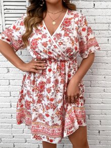 SHEIN LUNE Plus Floral Print Butterfly Sleeve Overlap Collar Dress - Multicolor - View 5