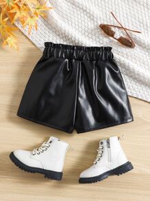SHEIN 女小童黑色素色休閒PU皮革短褲,夏季時尚 - 黑色 - 查看 2