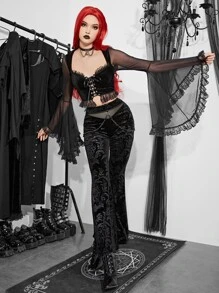 Jacquard Flare Leg Trousers Without Chain - Black - View 6