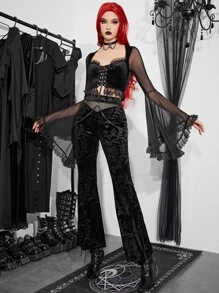 Jacquard Flare Leg Trousers Without Chain - Black - View 7