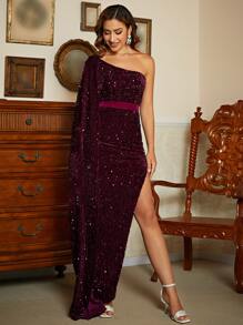 Missord One Shoulder Side Draped Split Thigh Sequin Formal Dress - Purple - View 4