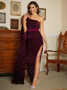 Missord One Shoulder Side Draped Split Thigh Sequin Formal Dress - Purple - View 6
