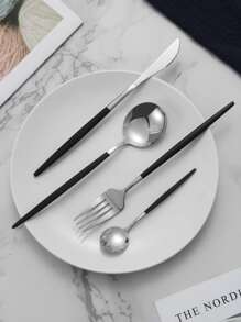 16pcs Stainless Steel Cutlery Set, Minimalist Two Tone Tableware Cutlery Set For Dinner Table School Supplies,Back To School - Multicolor - View 6