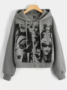 SHEIN EZwear Figure Graphic Drop Shoulder Zip Up Drawstring Hoodie - Grey - View 1