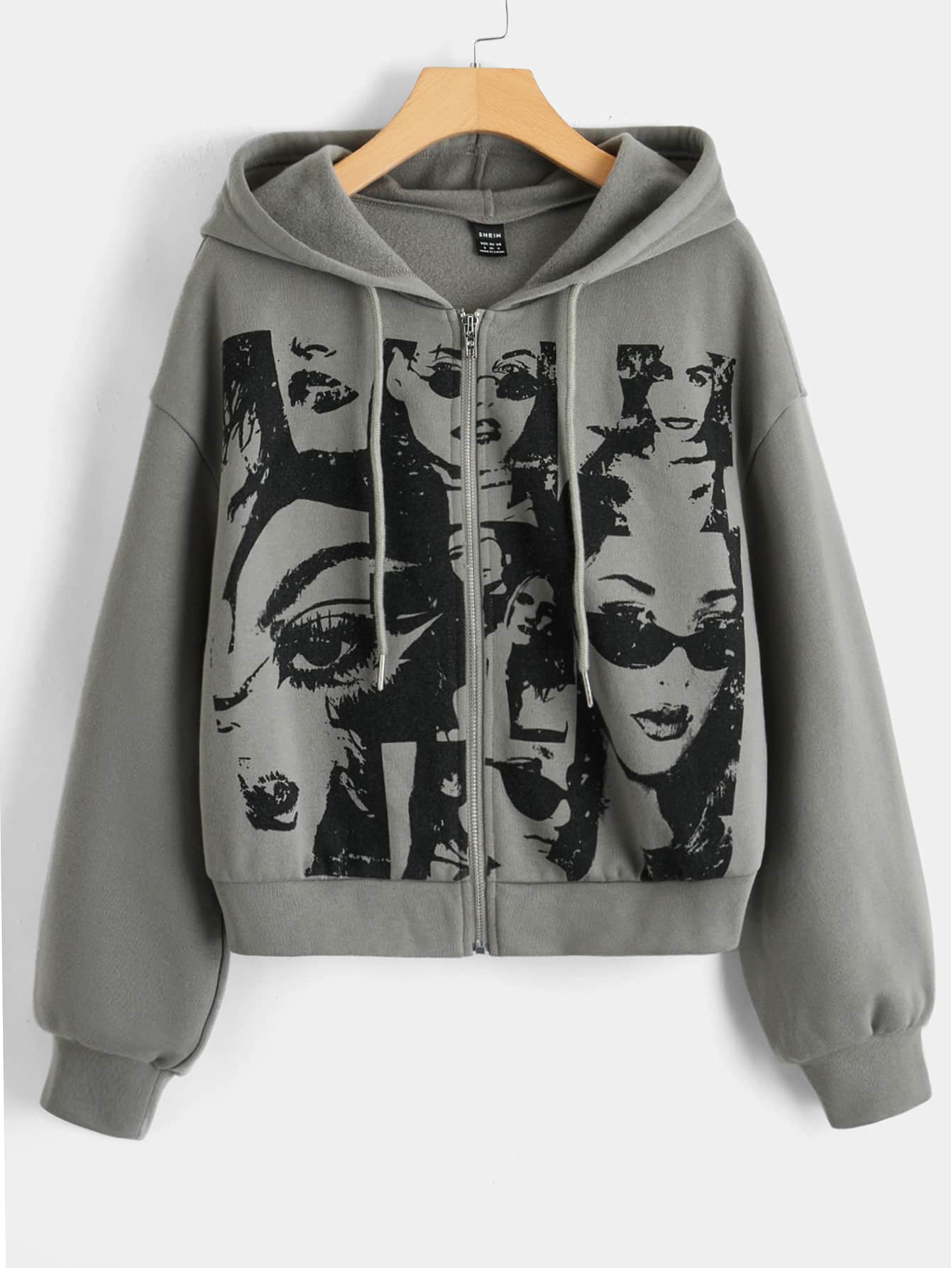 SHEIN EZwear Figure Graphic Drop Shoulder Zip Up Drawstring Hoodie - Grey - View 1