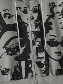 SHEIN EZwear Figure Graphic Drop Shoulder Zip Up Drawstring Hoodie - Grey - View 3