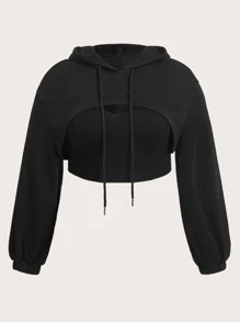 SHEIN EZwear Plus Drop Shoulder Super Crop Drawstring Hoodie With Cami Top - Black - View 1