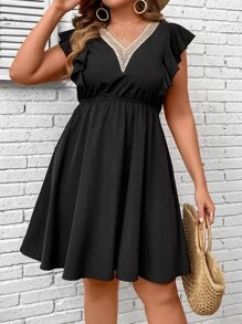 Breezaya Vestido línea A panel con encaje ribete con fruncido - Negro - Ver 3