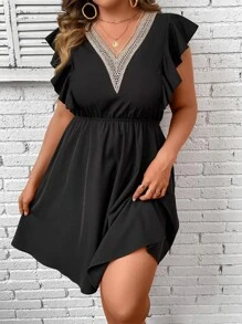 Breezaya Vestido línea A panel con encaje ribete con fruncido - Negro - Ver 5