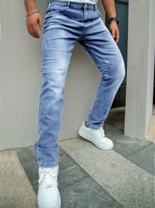 男士牛仔裤 简约时尚休闲日常 - 中等水洗藍 - 查看 1