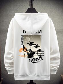 Manfinity Men Tropical And Letter Graphic Drop Shoulder Drawstring Hoodie - White - View 3