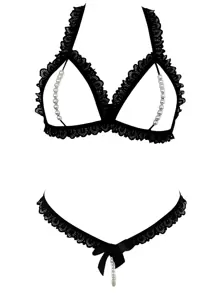 Pearls Beaded Lace Cut-out Lingerie Set