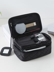 1个黑色菱形大容量加厚化妆包，带大镜子，适合女性和女孩，可作化妆包、护肤包、洗漱包、收纳袋，旅行必备、邮轮必备、宿舍必备，也可作婚礼伴娘礼物、母亲节礼物、生日礼物、送给朋友和老师的礼物，家居装饰，浴室客厅床边化妆品收纳包，指甲油收纳包。