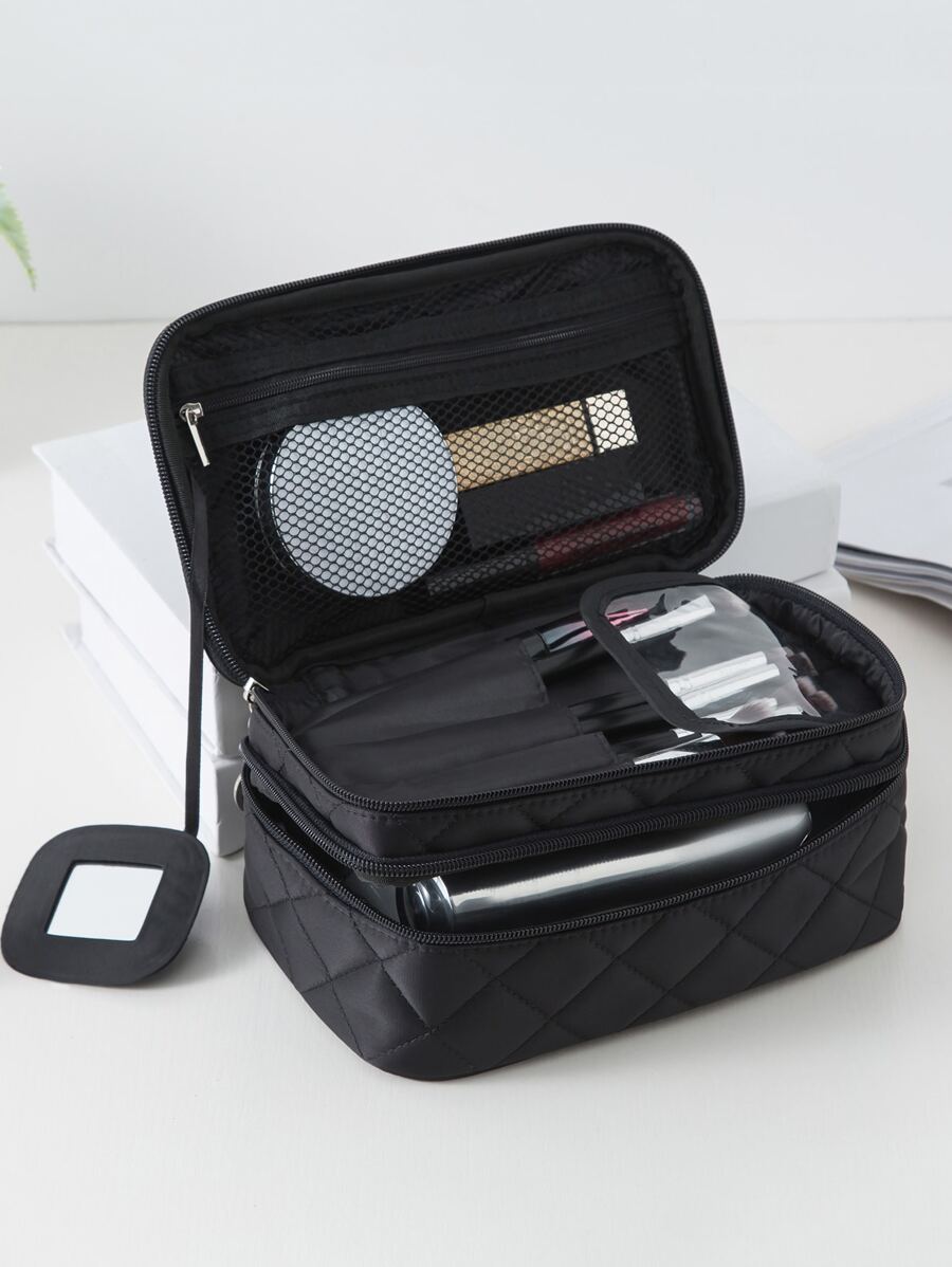 1个黑色菱形大容量加厚化妆包，带大镜子，适合女性和女孩，可作化妆包、护肤包、洗漱包、收纳袋，旅行必备、邮轮必备、宿舍必备，也可作婚礼伴娘礼物、母亲节礼物、生日礼物、送给朋友和老师的礼物，家居装饰，浴室客厅床边化妆品收纳包，指甲油收纳包。
