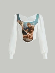 SHEIN MOD Figure Graphic Square Neck Asymmetrical Hem Blouse - White - View 1