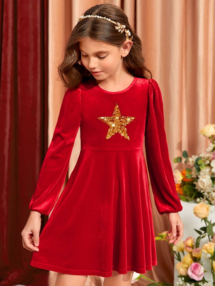 SHEIN Girls Sequin Star Pattern Velvet Dress - Red - View 1