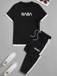Manfinity Hypemode Hombres con estampado de letra Camiseta & de lado de rayas Pantalones deportivos - Negro - Ver 1
