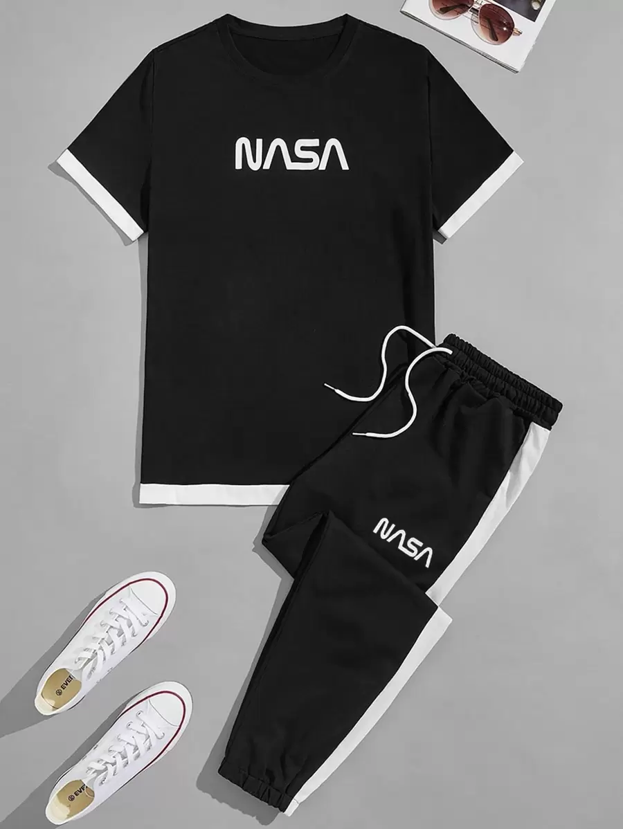 Manfinity Hypemode Hombres con estampado de letra Camiseta & de lado de rayas Pantalones deportivos - Negro - Ver 1