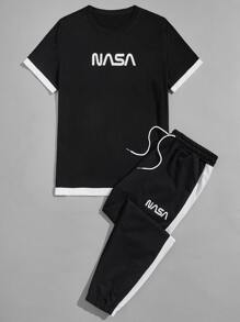Manfinity Hypemode Hombres con estampado de letra Camiseta & de lado de rayas Pantalones deportivos - Negro - Ver 3