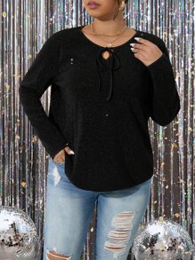 Calvaya Plus Tie Neck Glitter Tee - Black - View 4