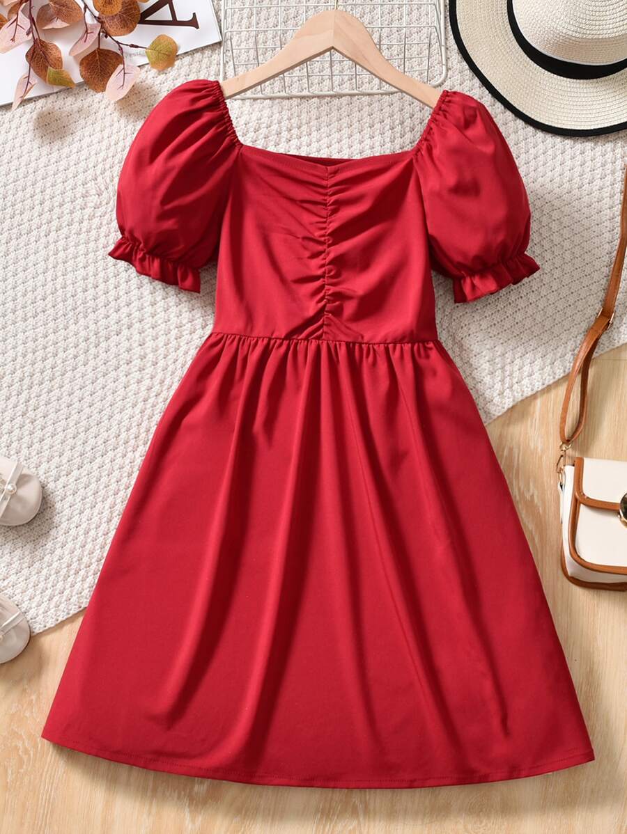 Chicas Vestido fruncido delantero ribete con fruncido de manga farol - Burdeos - Ver 1