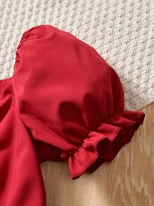 Chicas Vestido fruncido delantero ribete con fruncido de manga farol - Burdeos - Ver 4