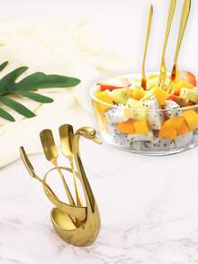 1pc Swan Design Box & 3pcs Stainless Steel Flatware Set - Gold - View 1