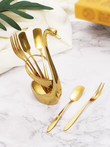 1pc Swan Design Box & 3pcs Stainless Steel Flatware Set - Gold - View 4