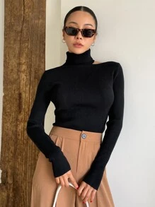 DAZY Cut Out High Neck Jumper - Black - View 1