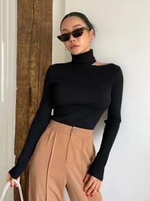 DAZY Cut Out High Neck Jumper - Black - View 2