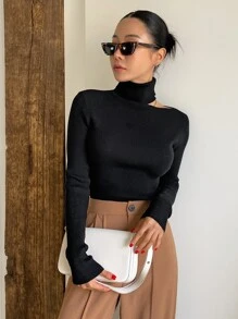 DAZY Cut Out High Neck Jumper - Black - View 3