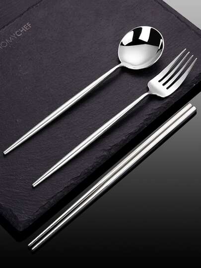 3件套可重复使用不锈钢勺子、叉子和筷子套装，欧式银色餐具套装，适用于餐厅、厨房、圣诞礼物、学校用品