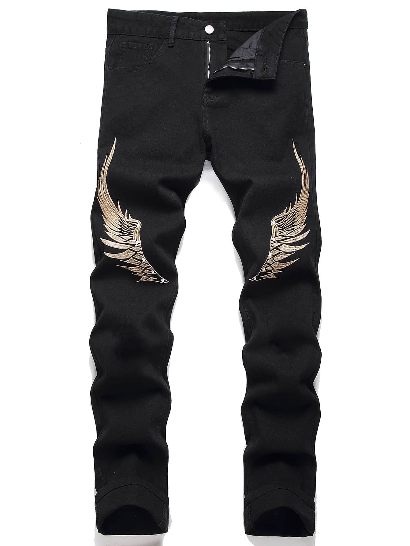 Men Wings Print Ripped Frayed Slim Straight Jeans - Black - View 1