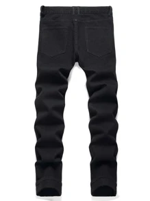 Men Wings Print Ripped Frayed Slim Straight Jeans - Black - View 2