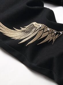 Men Wings Print Ripped Frayed Slim Straight Jeans - Black - View 8