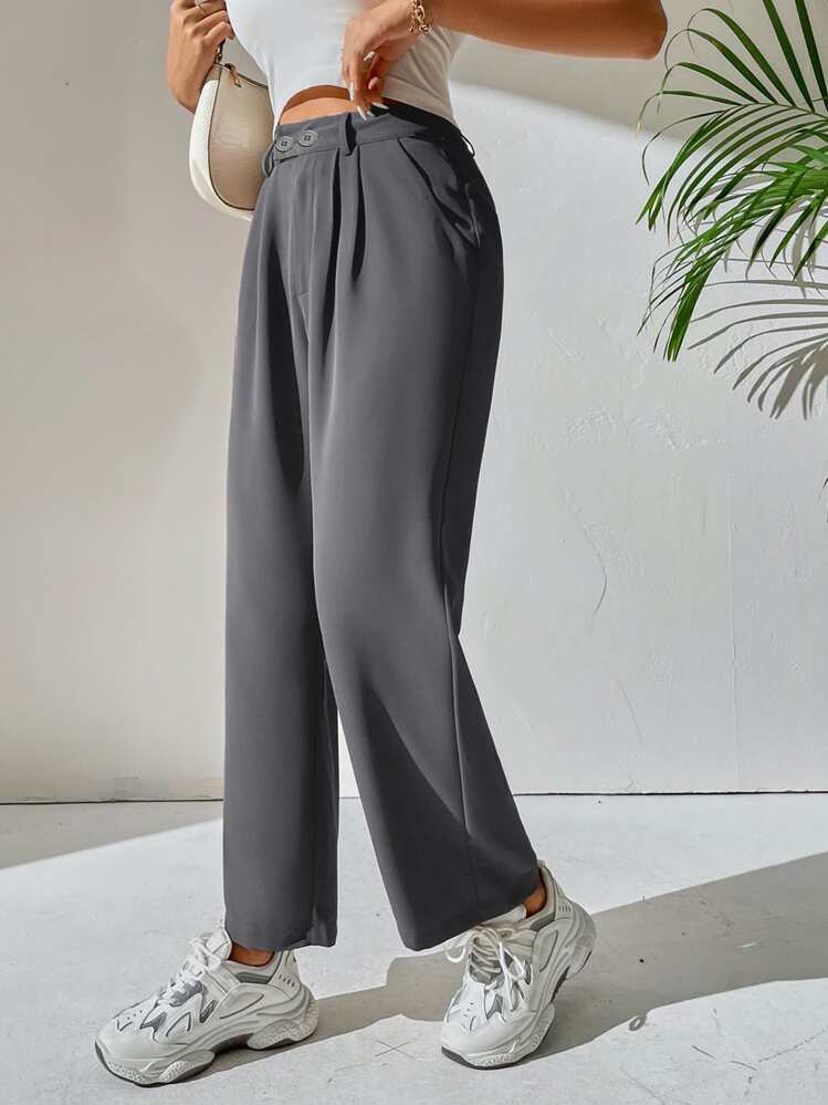 SHEIN PETITE Quần váy có túi cạp cao - Xám - Xem 4